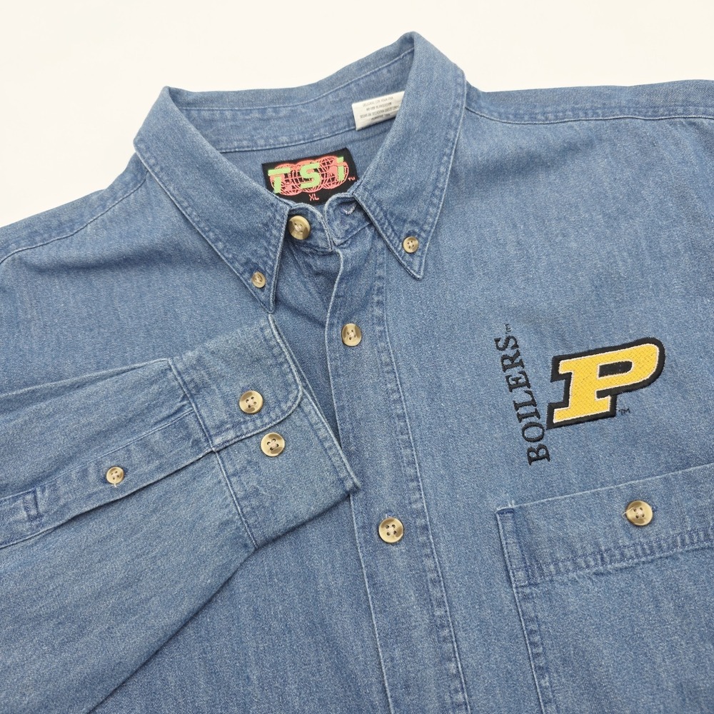 TSI‎ Vintage Purdue Boilermakers Shirt Men XL Blue Denim Button Embroidered Logo